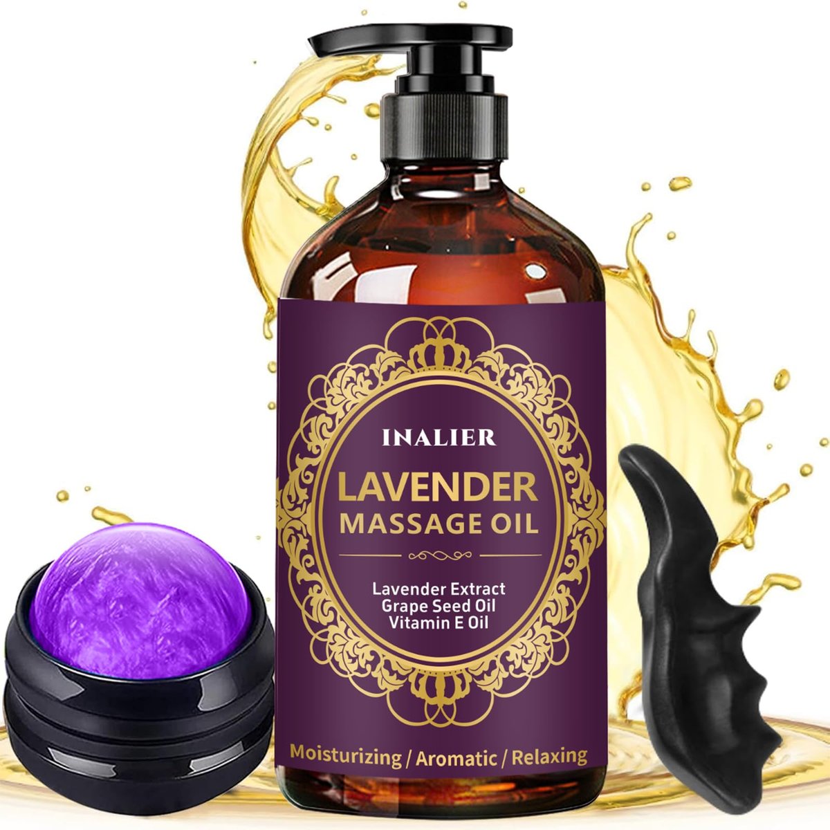INALIER Massageöl mit Lavendelduft, inkl. Massageroller & Daumensparer, 260 ml – Entspannendes Öl für Massagen, Wellness-Geschenkset für Ihn & Sie