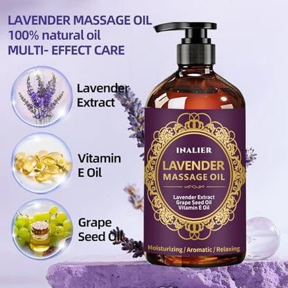 INALIER Massageöl mit Lavendelduft, inkl. Massageroller & Daumensparer, 260 ml – Entspannendes Öl für Massagen, Wellness-Geschenkset für Ihn & Sie