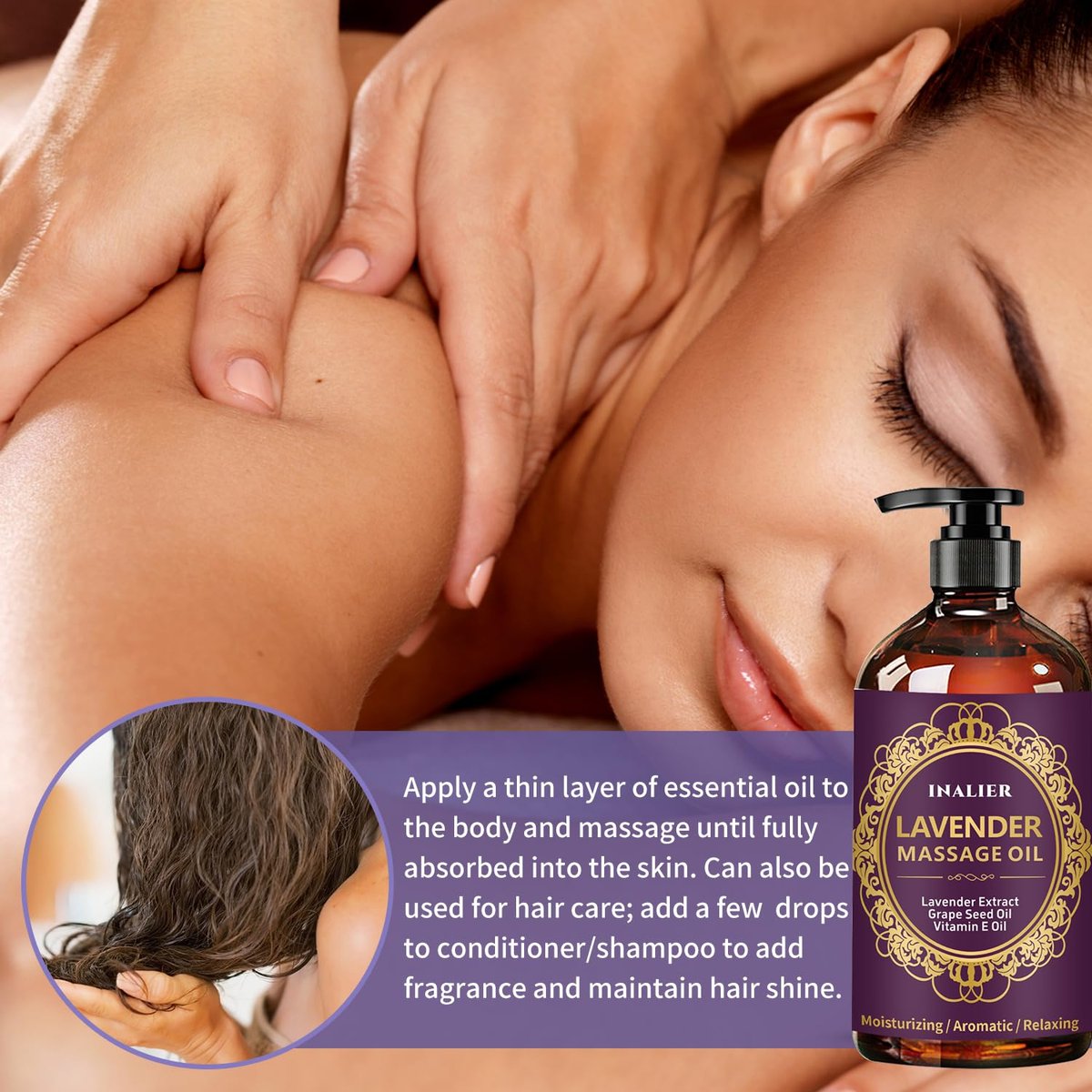 INALIER Massageöl mit Lavendelduft, inkl. Massageroller & Daumensparer, 260 ml – Entspannendes Öl für Massagen, Wellness-Geschenkset für Ihn & Sie