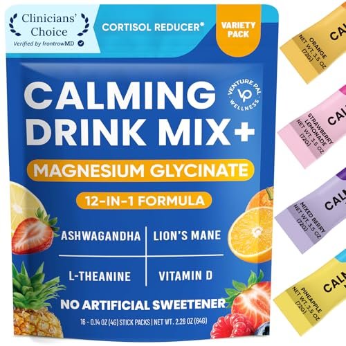 Venture Pal Calm Drink Mix – 12-in-1 Cortisol-Reduzierer & Schlafhilfe mit Magnesiumglycinat, Ashwagandha, L-Theanin, Vitamin D – Zuckerfreies Magnesiumpulver für Entspannung & Fokus – 16 Portionen