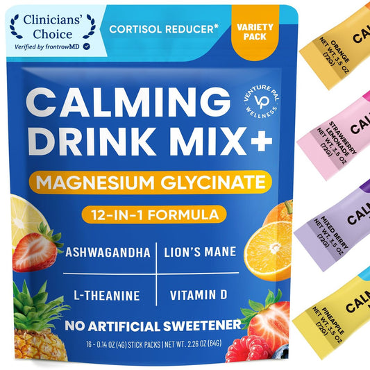 Venture Pal Calm Drink Mix – 12-in-1 Cortisol-Reduzierer & Schlafhilfe mit Magnesiumglycinat, Ashwagandha, L-Theanin, Vitamin D – Zuckerfreies Magnesiumpulver für Entspannung & Fokus – 16 Portionen