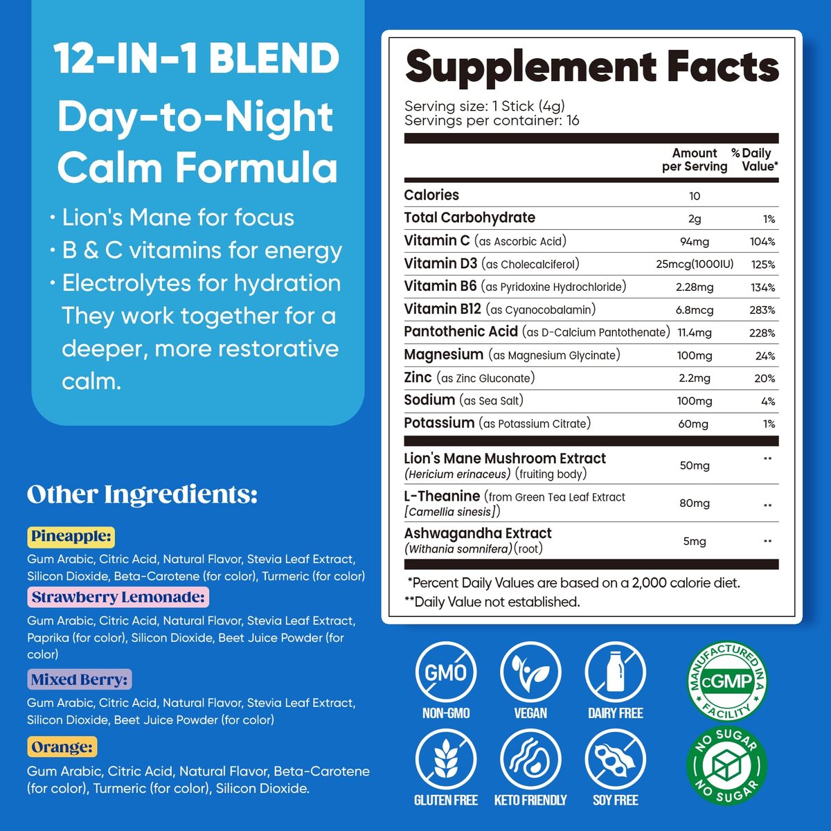 Venture Pal Calm Drink Mix – 12-in-1 Cortisol-Reduzierer & Schlafhilfe mit Magnesiumglycinat, Ashwagandha, L-Theanin, Vitamin D – Zuckerfreies Magnesiumpulver für Entspannung & Fokus – 16 Portionen