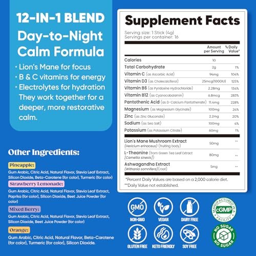 Venture Pal Calm Drink Mix – 12-in-1 Cortisol-Reduzierer & Schlafhilfe mit Magnesiumglycinat, Ashwagandha, L-Theanin, Vitamin D – Zuckerfreies Magnesiumpulver für Entspannung & Fokus – 16 Portionen