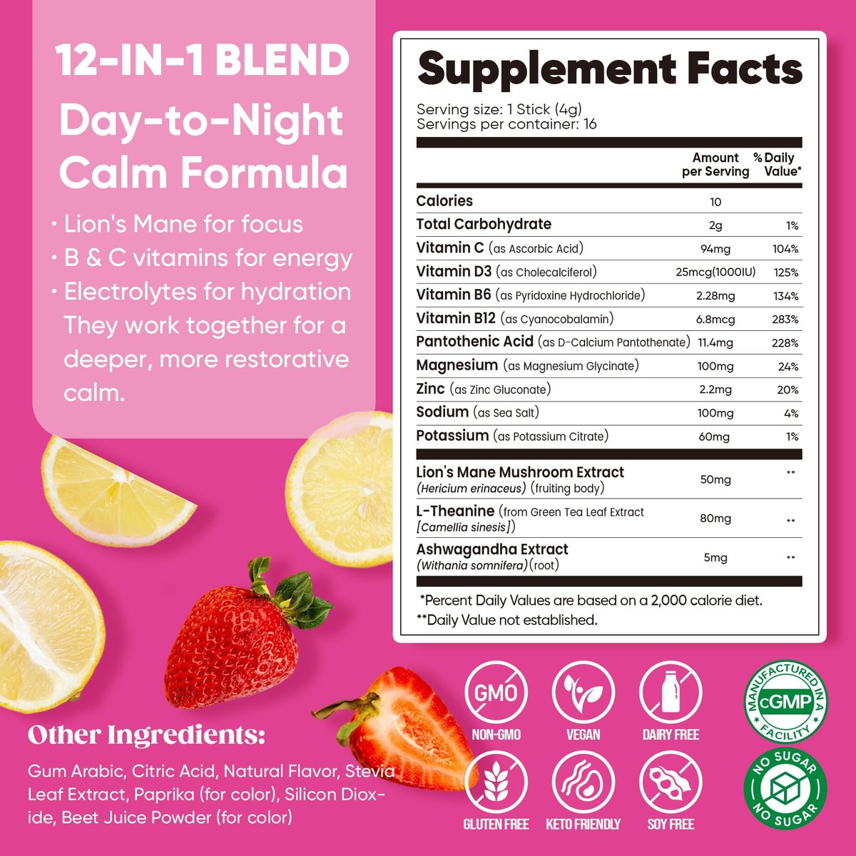 Venture Pal Calm Drink Mix – 12-in-1 Cortisol-Reduzierer & Schlafhilfe mit Magnesiumglycinat, Ashwagandha, L-Theanin, Vitamin D – Zuckerfreies Magnesiumpulver für Entspannung & Fokus – 450 g (Erdbeer-Limonade)