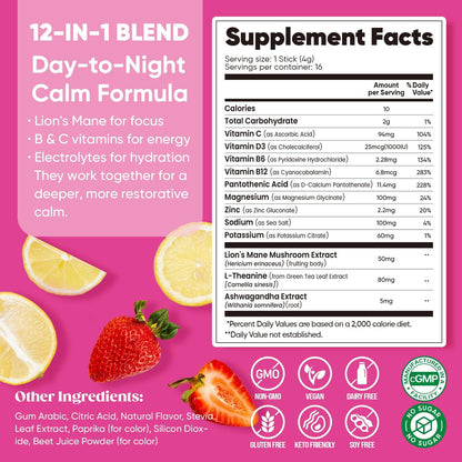 Venture Pal Calm Drink Mix – 12-in-1 Cortisol-Reduzierer & Schlafhilfe mit Magnesiumglycinat, Ashwagandha, L-Theanin, Vitamin D – Zuckerfreies Magnesiumpulver für Entspannung & Fokus – 450 g (Erdbeer-Limonade)
