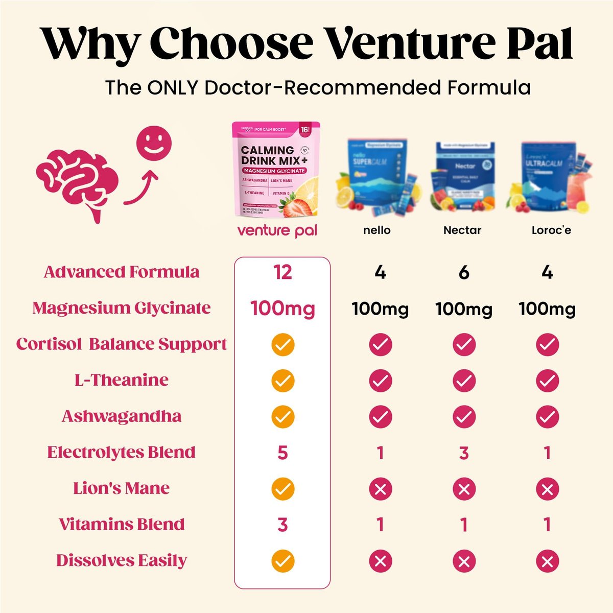 Venture Pal Calm Drink Mix – 12-in-1 Cortisol-Reduzierer & Schlafhilfe mit Magnesiumglycinat, Ashwagandha, L-Theanin, Vitamin D – Zuckerfreies Magnesiumpulver für Entspannung & Fokus – 450 g (Erdbeer-Limonade)