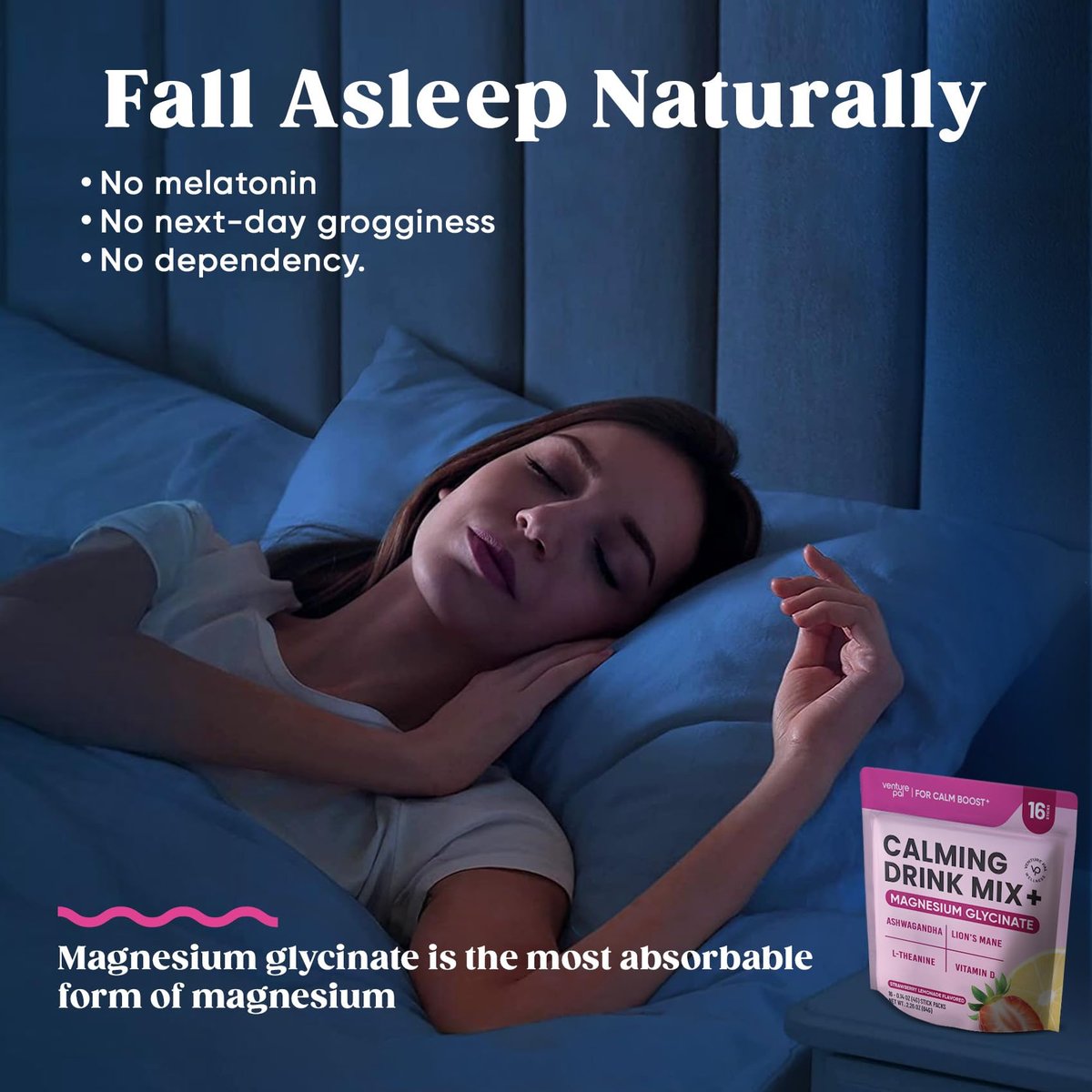 Venture Pal Calm Drink Mix – 12-in-1 Cortisol-Reduzierer & Schlafhilfe mit Magnesiumglycinat, Ashwagandha, L-Theanin, Vitamin D – Zuckerfreies Magnesiumpulver für Entspannung & Fokus – 450 g (Erdbeer-Limonade)