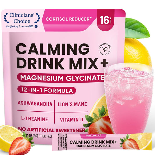 Venture Pal Calm Drink Mix – 12-in-1 Cortisol-Reduzierer & Schlafhilfe mit Magnesiumglycinat, Ashwagandha, L-Theanin, Vitamin D – Zuckerfreies Magnesiumpulver für Entspannung & Fokus – 450 g (Erdbeer-Limonade)