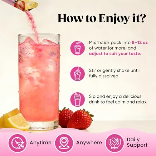 Venture Pal Calm Drink Mix – 12-in-1 Cortisol-Reduzierer & Schlafhilfe mit Magnesiumglycinat, Ashwagandha, L-Theanin, Vitamin D – Zuckerfreies Magnesiumpulver für Entspannung & Fokus – 450 g (Erdbeer-Limonade)