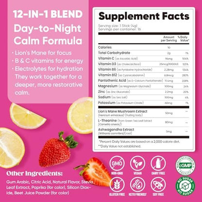 Venture Pal Calm Drink Mix – 12-in-1 Cortisol-Reduzierer & Schlafhilfe mit Magnesiumglycinat, Ashwagandha, L-Theanin, Vitamin D – Zuckerfreies Magnesiumpulver für Entspannung & Fokus – 450 g (Erdbeer-Limonade)