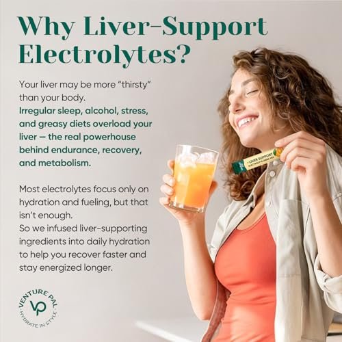 Venture Pal Hydration Packets + Liver Support – Flüssige Elektrolyte mit 7 Elektrolyten & 5 Vitaminen, Mariendistel + L-Theanin, Zuckerfrei, Keto-freundlich, Vegan, 16 Sticks