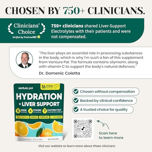 Venture Pal Hydration Packets + Liver Support – Flüssige Elektrolyte mit 7 Elektrolyten & 5 Vitaminen, Mariendistel + L-Theanin, Zuckerfrei, Keto-freundlich, Vegan, 16 Sticks