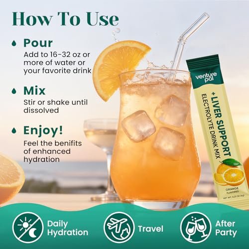 Venture Pal Hydration Packets + Liver Support – Flüssige Elektrolyte mit 7 Elektrolyten & 5 Vitaminen, Mariendistel + L-Theanin, Zuckerfrei, Keto-freundlich, Vegan, 16 Sticks