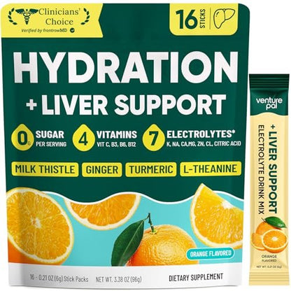 Venture Pal Hydration Packets + Liver Support – Flüssige Elektrolyte mit 7 Elektrolyten & 5 Vitaminen, Mariendistel + L-Theanin, Zuckerfrei, Keto-freundlich, Vegan, 16 Sticks