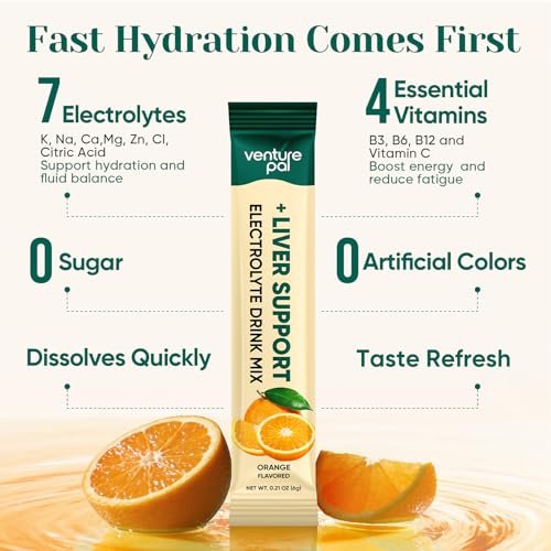 Venture Pal Hydration Packets + Liver Support – Flüssige Elektrolyte mit 7 Elektrolyten & 5 Vitaminen, Mariendistel + L-Theanin, Zuckerfrei, Keto-freundlich, Vegan, 16 Sticks