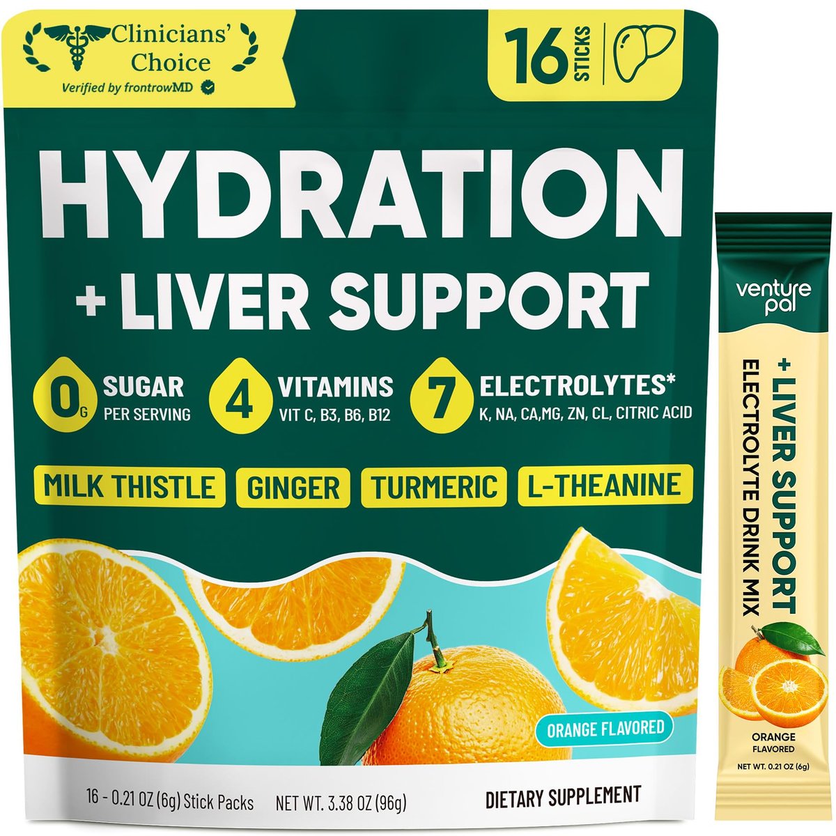 Venture Pal Hydration Packets + Liver Support – Flüssige Elektrolyte mit 7 Elektrolyten & 5 Vitaminen, Mariendistel + L-Theanin, Zuckerfrei, Keto-freundlich, Vegan, 16 Sticks