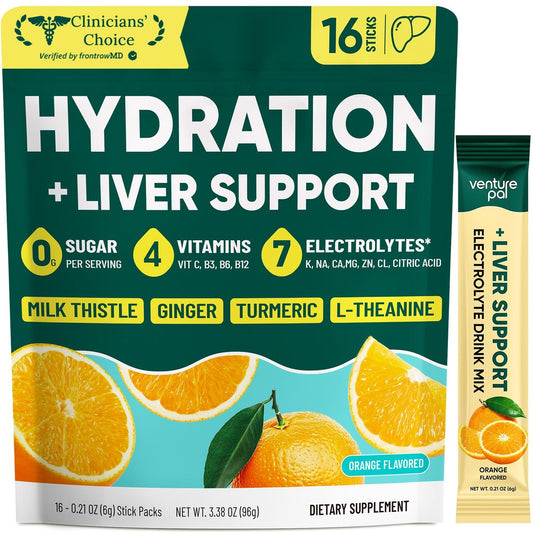 Venture Pal Hydration Packets + Liver Support – Flüssige Elektrolyte mit 7 Elektrolyten & 5 Vitaminen, Mariendistel + L-Theanin, Zuckerfrei, Keto-freundlich, Vegan, 16 Sticks