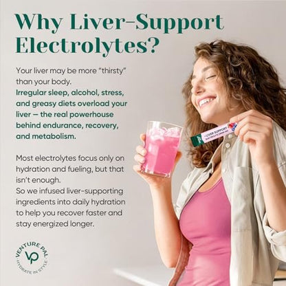 Venture Pal Hydration Packets + Liver Support – Flüssige Elektrolyte Pulver Beutel mit 7 Elektrolyten & 5 Vitaminen, Mariendistel + L-Theanin | Zuckerfrei | Keto-freundlich | Vegan, 16 Sticks