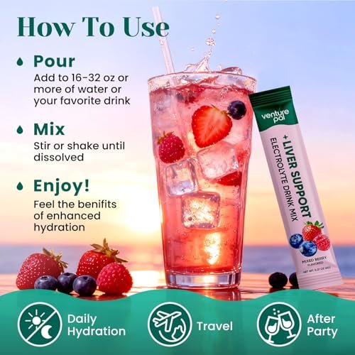Venture Pal Hydration Packets + Liver Support – Flüssige Elektrolyte Pulver Beutel mit 7 Elektrolyten & 5 Vitaminen, Mariendistel + L-Theanin | Zuckerfrei | Keto-freundlich | Vegan, 16 Sticks
