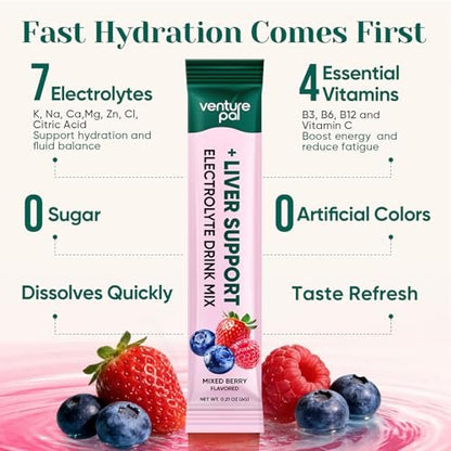Venture Pal Hydration Packets + Liver Support – Flüssige Elektrolyte Pulver Beutel mit 7 Elektrolyten & 5 Vitaminen, Mariendistel + L-Theanin | Zuckerfrei | Keto-freundlich | Vegan, 16 Sticks