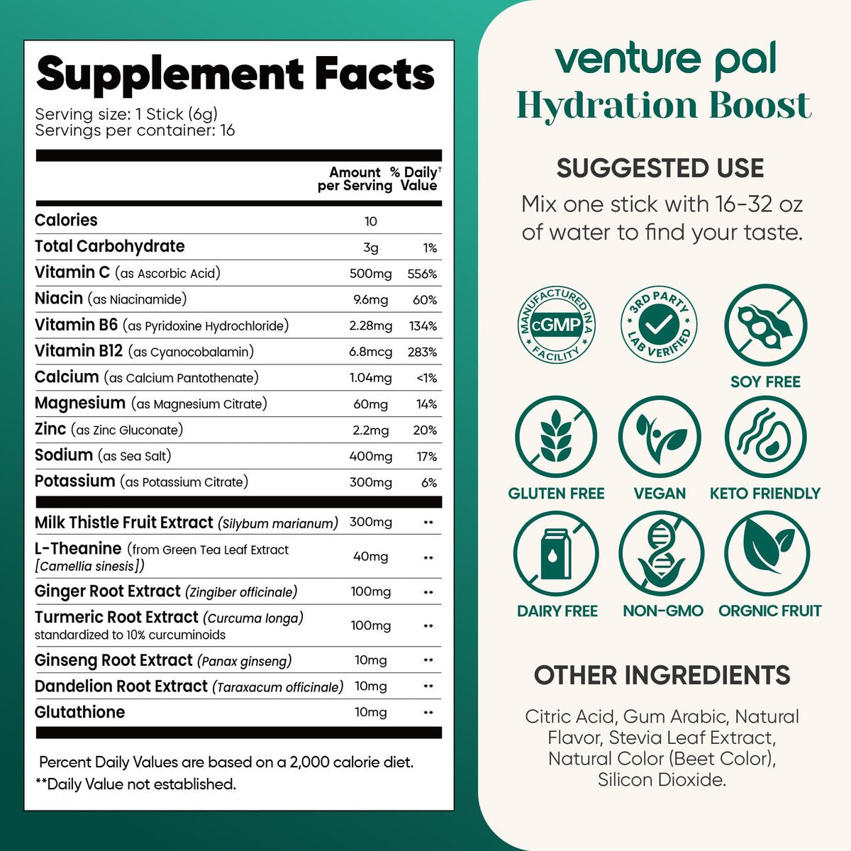 Venture Pal Hydration Packets + Liver Support – Flüssige Elektrolyte Pulver Beutel mit 7 Elektrolyten & 5 Vitaminen, Mariendistel + L-Theanin | Zuckerfrei | Keto-freundlich | Vegan, 16 Sticks