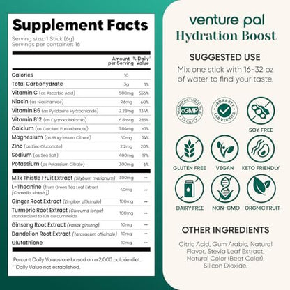 Venture Pal Hydration Packets + Liver Support – Flüssige Elektrolyte mit 7 Elektrolyten & 5 Vitaminen, Mariendistel + L-Theanin, Zuckerfrei, Keto-freundlich, Vegan, 16 Sticks