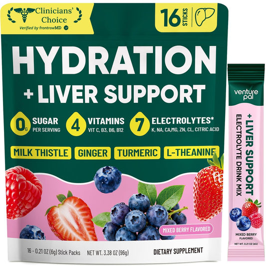 Venture Pal Hydration Packets + Liver Support – Flüssige Elektrolyte Pulver Beutel mit 7 Elektrolyten & 5 Vitaminen, Mariendistel + L-Theanin | Zuckerfrei | Keto-freundlich | Vegan, 16 Sticks
