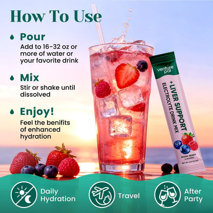 Venture Pal Hydration Packets + Liver Support – Flüssige Elektrolyte Pulver Beutel mit 7 Elektrolyten & 5 Vitaminen, Mariendistel + L-Theanin | Zuckerfrei | Keto-freundlich | Vegan, 16 Sticks