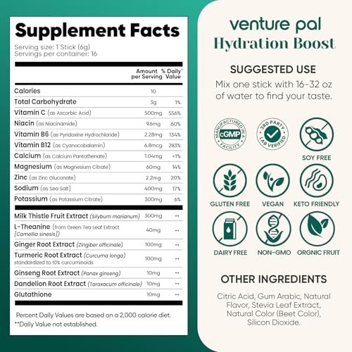 Venture Pal Hydration Packets + Liver Support – Flüssige Elektrolyte Pulver Beutel mit 7 Elektrolyten & 5 Vitaminen, Mariendistel + L-Theanin | Zuckerfrei | Keto-freundlich | Vegan, 16 Sticks
