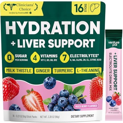 Venture Pal Hydration Packets + Liver Support – Flüssige Elektrolyte Pulver Beutel mit 7 Elektrolyten & 5 Vitaminen, Mariendistel + L-Theanin | Zuckerfrei | Keto-freundlich | Vegan, 16 Sticks