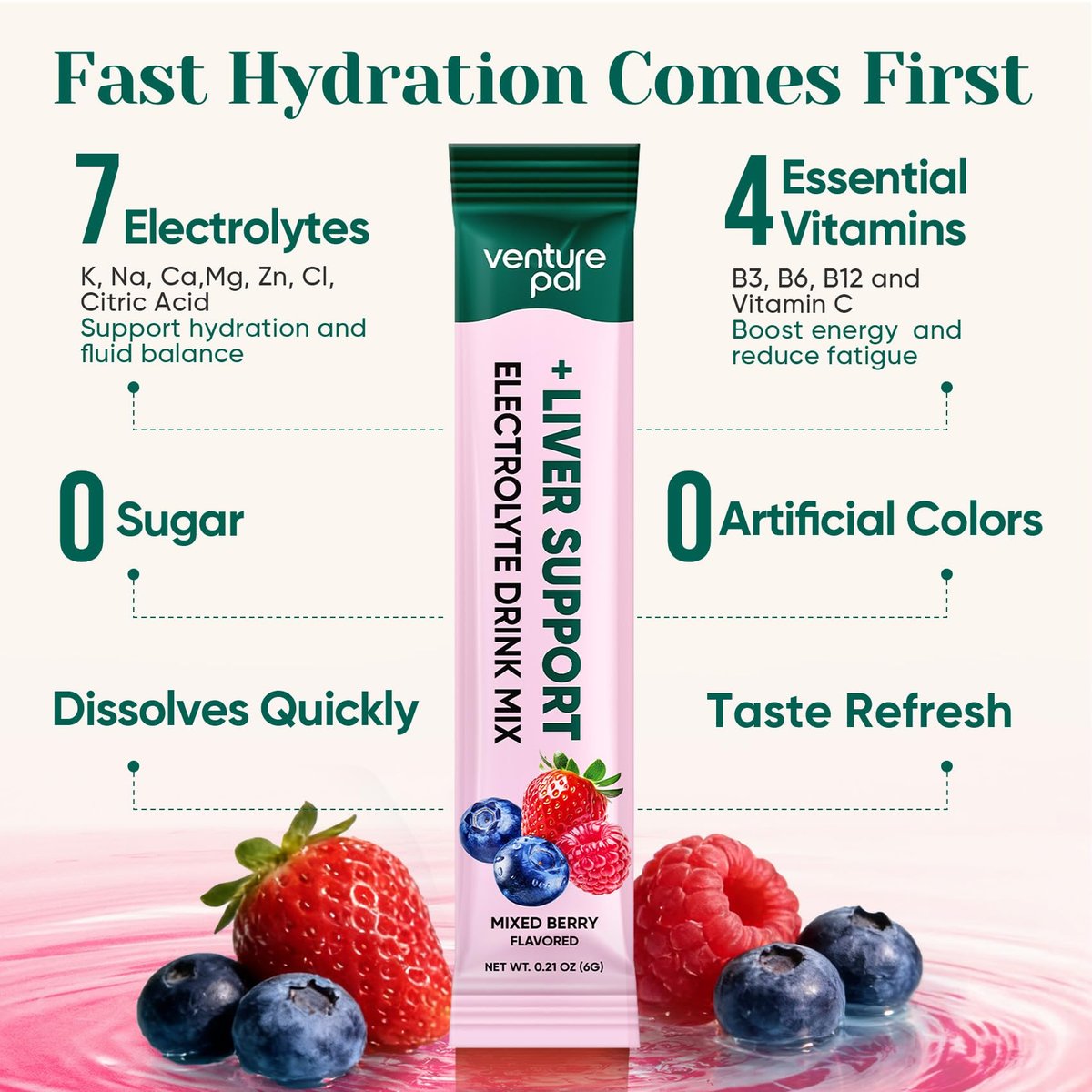 Venture Pal Hydration Packets + Liver Support – Flüssige Elektrolyte Pulver Beutel mit 7 Elektrolyten & 5 Vitaminen, Mariendistel + L-Theanin | Zuckerfrei | Keto-freundlich | Vegan, 16 Sticks