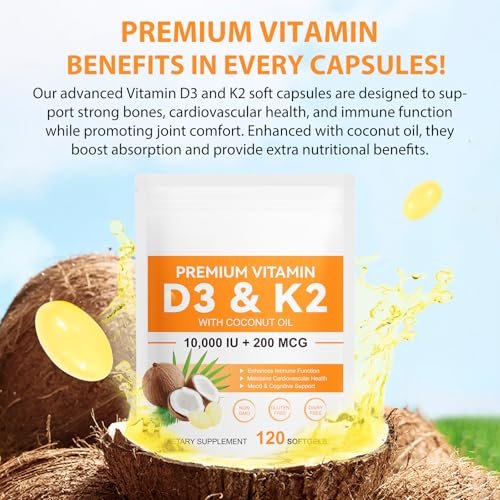 flasture Vitamin D3 K2 Supplement Weichkapseln, 10.000 IE Vitamin D3 + 200 µg K2 (MK-7) | 2-in-1 Formel mit Kokosöl, unterstützt die Kalziumaufnahme, leicht zu schlucken, 120 Kapseln