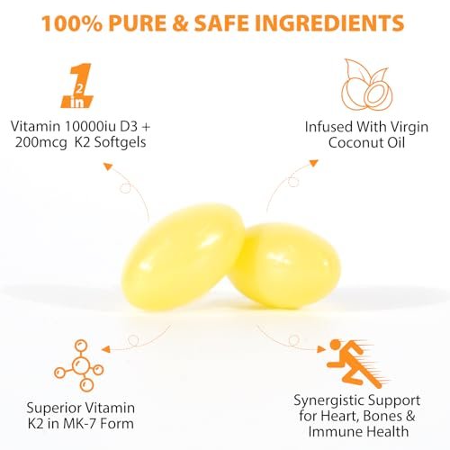 flasture Vitamin D3 K2 Supplement Weichkapseln, 10.000 IE Vitamin D3 + 200 µg K2 (MK-7) | 2-in-1 Formel mit Kokosöl, unterstützt die Kalziumaufnahme, leicht zu schlucken, 120 Kapseln