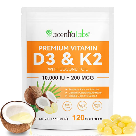 flasture Vitamin D3 K2 Supplement Weichkapseln, 10.000 IE Vitamin D3 + 200 µg K2 (MK-7) | 2-in-1 Formel mit Kokosöl, unterstützt die Kalziumaufnahme, leicht zu schlucken, 120 Kapseln