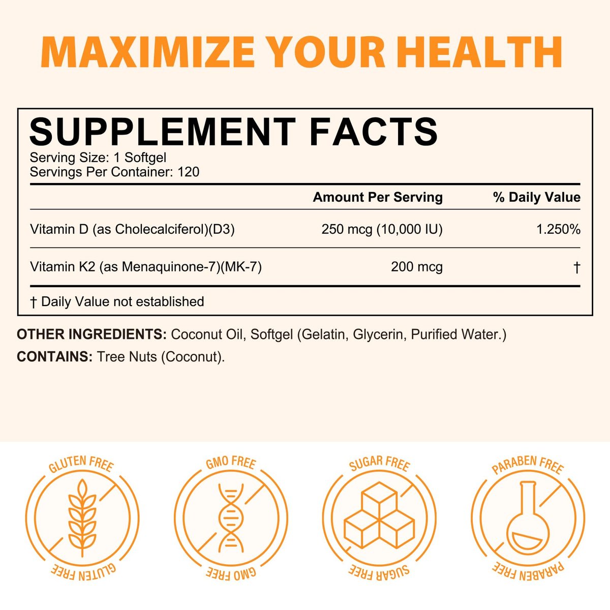 flasture Vitamin D3 K2 Supplement Weichkapseln, 10.000 IE Vitamin D3 + 200 µg K2 (MK-7) | 2-in-1 Formel mit Kokosöl, unterstützt die Kalziumaufnahme, leicht zu schlucken, 120 Kapseln