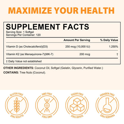 flasture Vitamin D3 K2 Supplement Weichkapseln, 10.000 IE Vitamin D3 + 200 µg K2 (MK-7) | 2-in-1 Formel mit Kokosöl, unterstützt die Kalziumaufnahme, leicht zu schlucken, 120 Kapseln