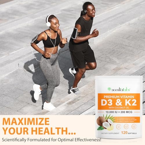 flasture Vitamin D3 K2 Supplement Weichkapseln, 10.000 IE Vitamin D3 + 200 µg K2 (MK-7) | 2-in-1 Formel mit Kokosöl, unterstützt die Kalziumaufnahme, leicht zu schlucken, 120 Kapseln