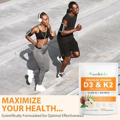 flasture Vitamin D3 K2 Supplement Weichkapseln, 10.000 IE Vitamin D3 + 200 µg K2 (MK-7) | 2-in-1 Formel mit Kokosöl, unterstützt die Kalziumaufnahme, leicht zu schlucken, 120 Kapseln