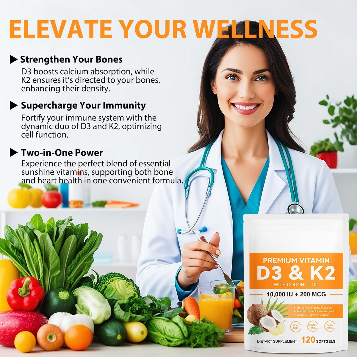 flasture Vitamin D3 K2 Supplement Weichkapseln, 10.000 IE Vitamin D3 + 200 µg K2 (MK-7) | 2-in-1 Formel mit Kokosöl, unterstützt die Kalziumaufnahme, leicht zu schlucken, 120 Kapseln