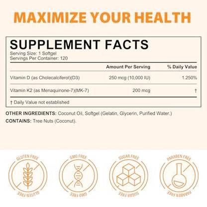 flasture Vitamin D3 K2 Supplement Weichkapseln, 10.000 IE Vitamin D3 + 200 µg K2 (MK-7) | 2-in-1 Formel mit Kokosöl, unterstützt die Kalziumaufnahme, leicht zu schlucken, 120 Kapseln