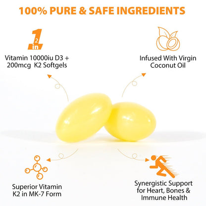 flasture Vitamin D3 K2 Supplement Weichkapseln, 10.000 IE Vitamin D3 + 200 µg K2 (MK-7) | 2-in-1 Formel mit Kokosöl, unterstützt die Kalziumaufnahme, leicht zu schlucken, 120 Kapseln
