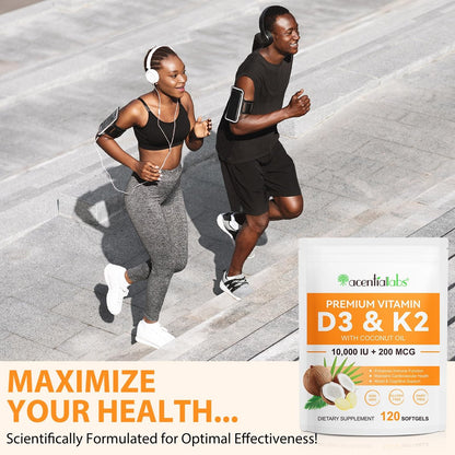 flasture Vitamin D3 K2 Supplement Weichkapseln, 10.000 IE Vitamin D3 + 200 µg K2 (MK-7) | 2-in-1 Formel mit Kokosöl, unterstützt die Kalziumaufnahme, leicht zu schlucken, 120 Kapseln
