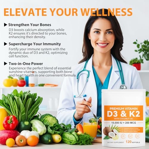 flasture Vitamin D3 K2 Supplement Weichkapseln, 10.000 IE Vitamin D3 + 200 µg K2 (MK-7) | 2-in-1 Formel mit Kokosöl, unterstützt die Kalziumaufnahme, leicht zu schlucken, 120 Kapseln