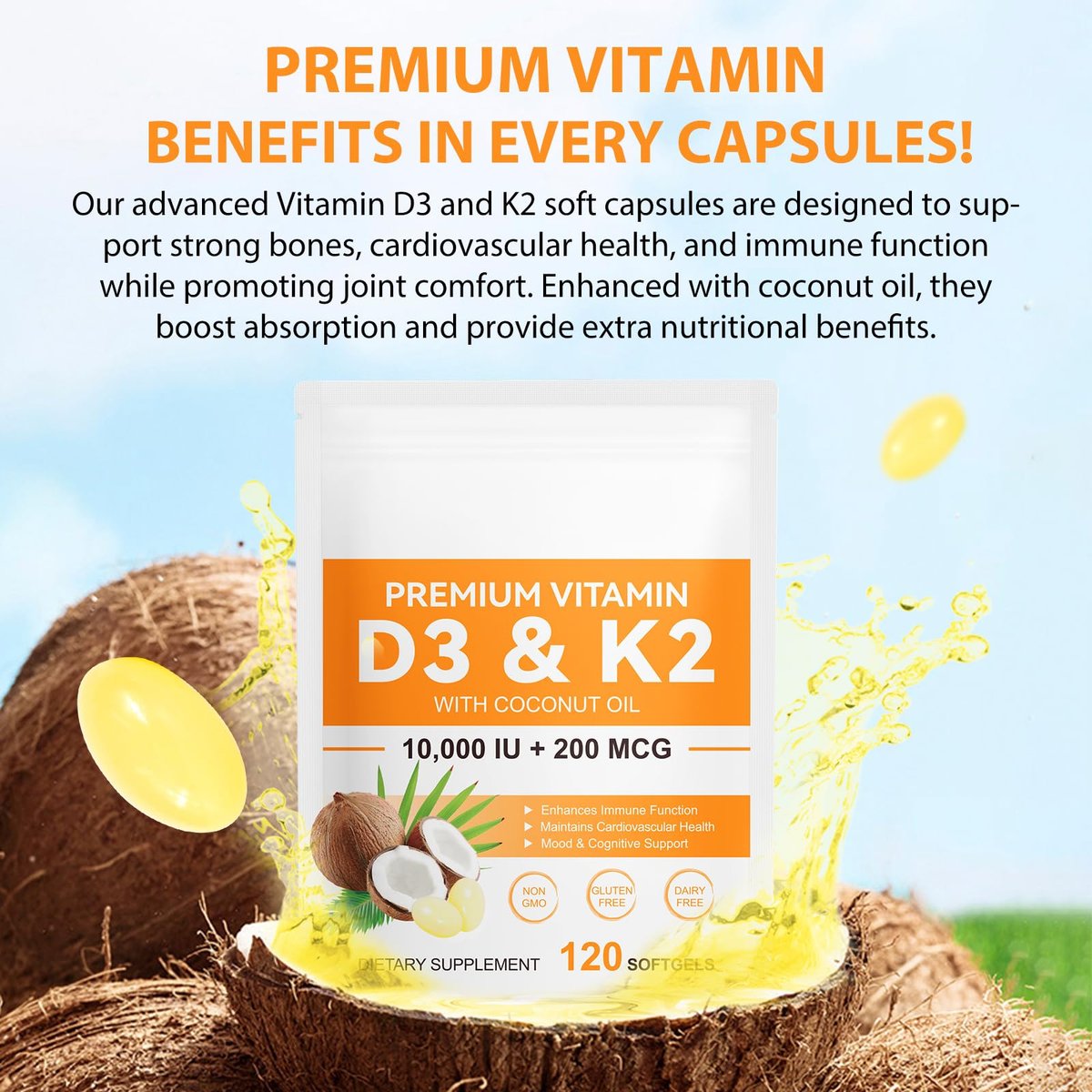 flasture Vitamin D3 K2 Supplement Weichkapseln, 10.000 IE Vitamin D3 + 200 µg K2 (MK-7) | 2-in-1 Formel mit Kokosöl, unterstützt die Kalziumaufnahme, leicht zu schlucken, 120 Kapseln