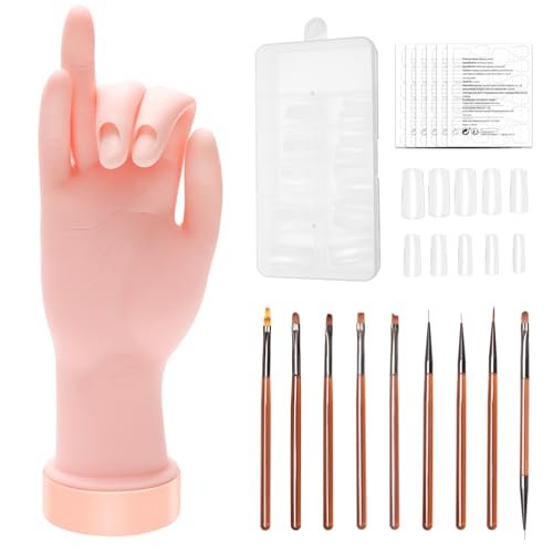 Solaradgy Übungs-Hand für Acryl-Nägel – Flexibles Biegsames Nagel-Übungs-Hand mit 100 Nagelspitzen, 120 doppelseitigen Klebepads und 9 Pinseln