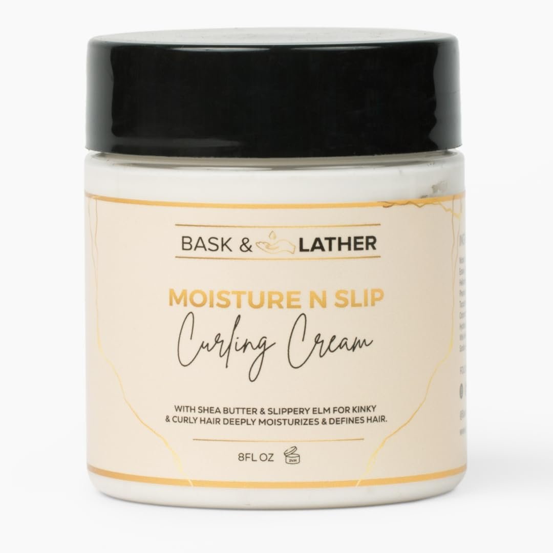 BASK & LATHER Moisture n Slip Curling Cream – Lockencreme mit Amaranth-Extrakt, Traubenkernöl & Slippery Elm für definierte, federnde Locken, reduziert Frizz & Haarbruch, tiefenwirksame Feuchtigkeit, 8 oz