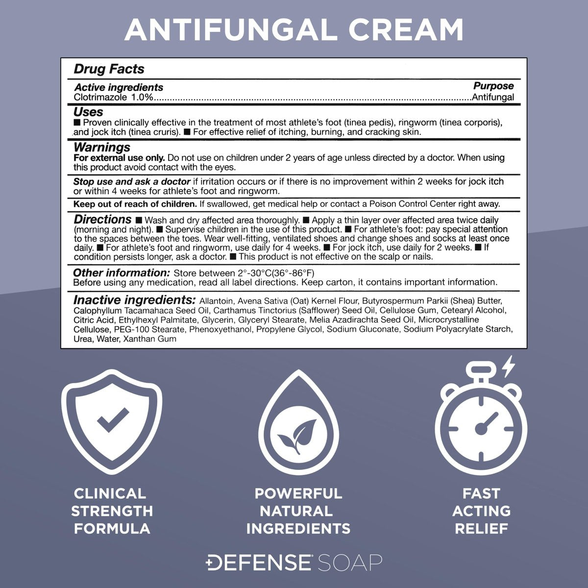 Defense Clotrimazol Antimykotische Creme | Behandlung von Juckreiz, Fußpilz, Ringelflechte | Medizinische Anti-Pilz-Creme für Haut- und Fußpilz