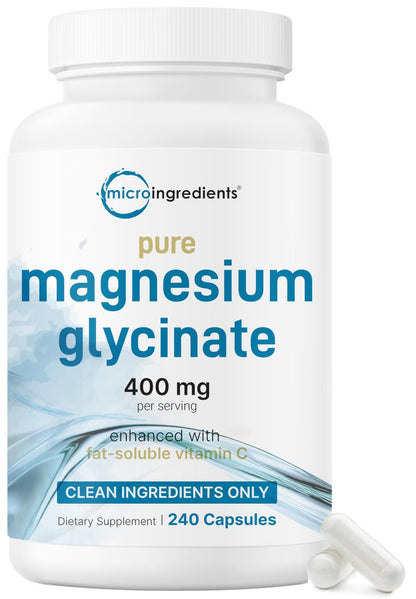Micro Ingredients Reines Magnesiumglycinat 400 mg pro Portion, 240 Kapseln | Chelatiertes Mineralpräparat mit elementarem Magnesium | Nicht-GVO, füllstofffrei