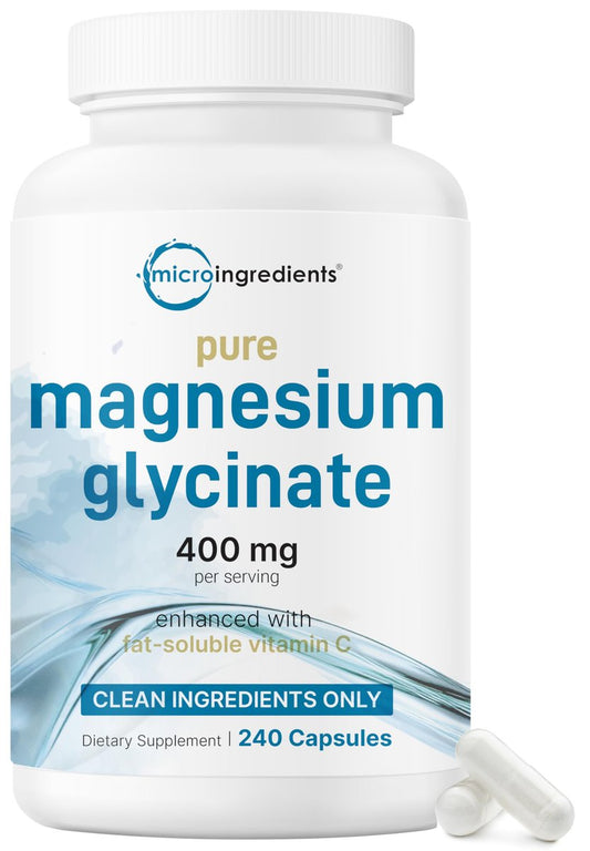 Micro Ingredients Reines Magnesiumglycinat 400 mg pro Portion, 240 Kapseln | Chelatiertes Mineralpräparat mit elementarem Magnesium | Nicht-GVO, füllstofffrei