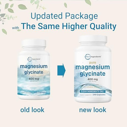 Micro Ingredients Reines Magnesiumglycinat 400 mg pro Portion, 240 Kapseln | Chelatiertes Mineralpräparat mit elementarem Magnesium | Nicht-GVO, füllstofffrei